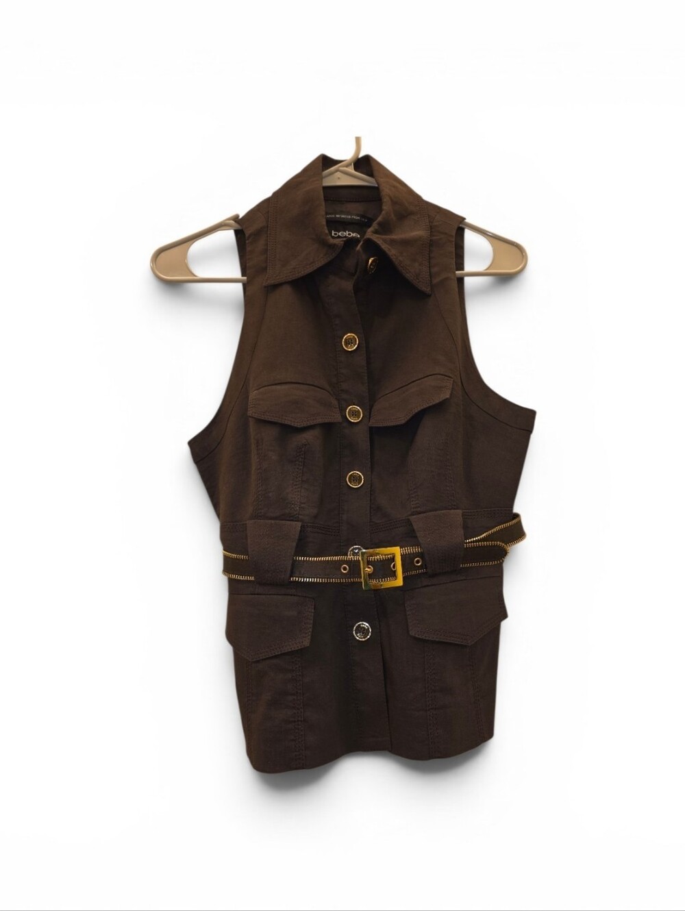 Bebe Imported Italian Linen Chocolate Brown Top With Gold Accents and Belt Med